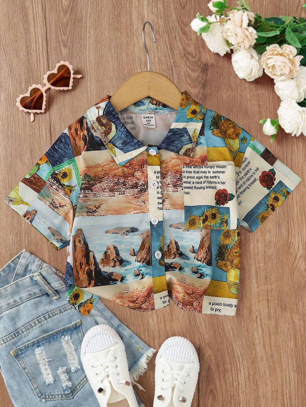 Vintage Casual Style Girls' Shirt With Oil Painting Print, Short Sleeve, Fashionable And Versatile, New Spring/Summer Collection