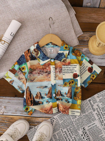 Vintage Casual Style Girls' Shirt With Oil Painting Print, Short Sleeve, Fashionable And Versatile, New Spring/Summer Collection