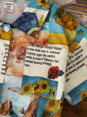 Vintage Casual Style Girls' Shirt With Oil Painting Print, Short Sleeve, Fashionable And Versatile, New Spring/Summer Collection
