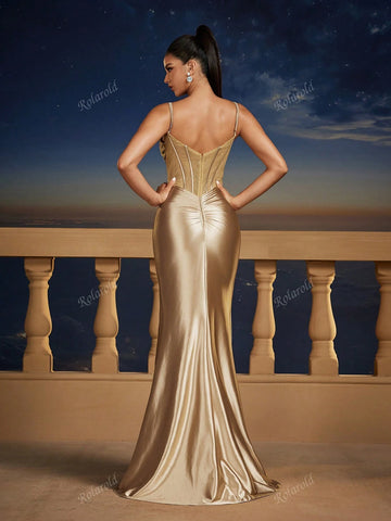Vintage Champagne Gold Spaghetti Strap Mermaid High-Slit Dress For Party, Evening Or Bridesmaid