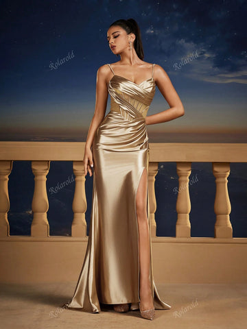 Vintage Champagne Gold Spaghetti Strap Mermaid High-Slit Dress For Party, Evening Or Bridesmaid