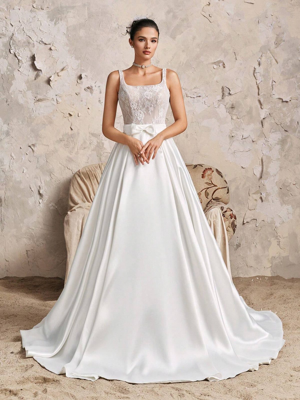 Vintage Elegant Sleeveless Square Neck Lace Mini Dress With Satin Maxi A-Line Ruffle Train, 2-Piece Wedding Dress Bridal Gown