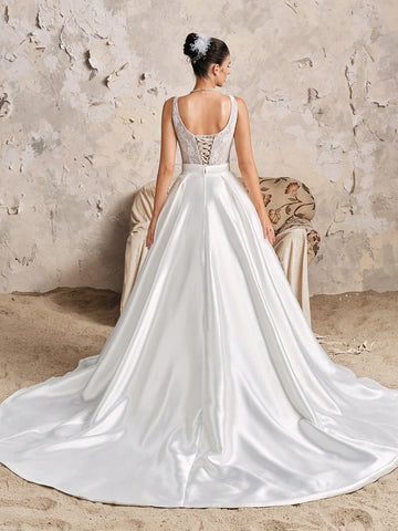 Vintage Elegant Sleeveless Square Neck Lace Mini Dress With Satin Maxi A-Line Ruffle Train, 2-Piece Wedding Dress Bridal Gown