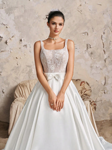 Vintage Elegant Sleeveless Square Neck Lace Mini Dress With Satin Maxi A-Line Ruffle Train, 2-Piece Wedding Dress Bridal Gown