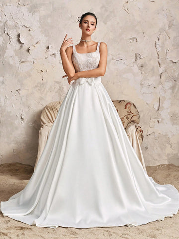Vintage Elegant Sleeveless Square Neck Lace Mini Dress With Satin Maxi A-Line Ruffle Train, 2-Piece Wedding Dress Bridal Gown