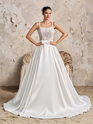 Vintage Elegant Sleeveless Square Neck Lace Mini Dress With Satin Maxi A-Line Ruffle Train, 2-Piece Wedding Dress Bridal Gown