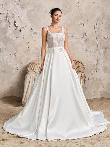 Vintage Elegant Sleeveless Square Neck Lace Mini Dress With Satin Maxi A-Line Ruffle Train, 2-Piece Wedding Dress Bridal Gown