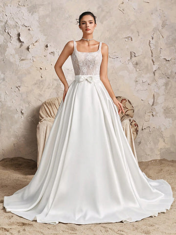 Vintage Elegant Sleeveless Square Neck Lace Mini Dress With Satin Maxi A-Line Ruffle Train, 2-Piece Wedding Dress Bridal Gown