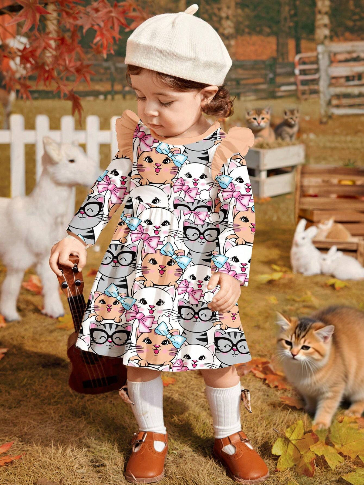Vintage Floral Cute Bow Tie Cat Print, Young Girls Sweet Bow Cartoon Print Long Sleeve Dress