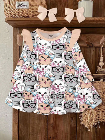 Vintage Floral Cute Bow Tie Cat Print, Young Girls Sweet Bow Cartoon Print Long Sleeve Dress