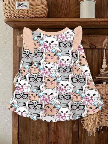 Vintage Floral Cute Bow Tie Cat Print, Young Girls Sweet Bow Cartoon Print Long Sleeve Dress