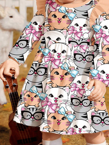 Vintage Floral Cute Bow Tie Cat Print, Young Girls Sweet Bow Cartoon Print Long Sleeve Dress
