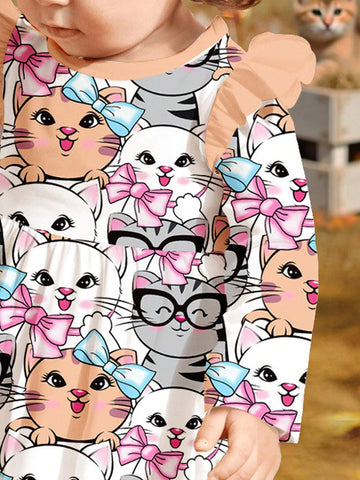 Vintage Floral Cute Bow Tie Cat Print, Young Girls Sweet Bow Cartoon Print Long Sleeve Dress