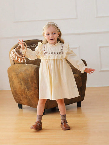Vintage Floral Embroidered Girls Long Sleeve Princess Dress With Stand Collar And Ruffle Hem