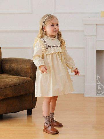 Vintage Floral Embroidered Girls Long Sleeve Princess Dress With Stand Collar And Ruffle Hem