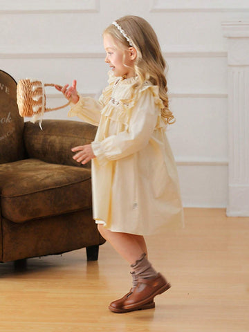 Vintage Floral Embroidered Girls Long Sleeve Princess Dress With Stand Collar And Ruffle Hem