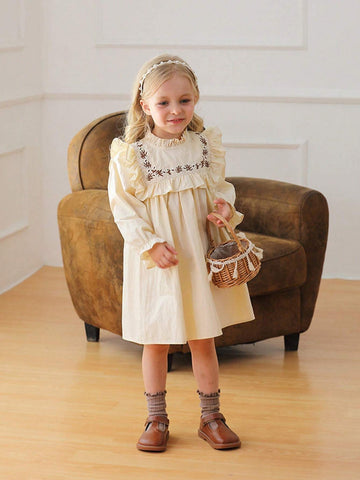 Vintage Floral Embroidered Girls Long Sleeve Princess Dress With Stand Collar And Ruffle Hem