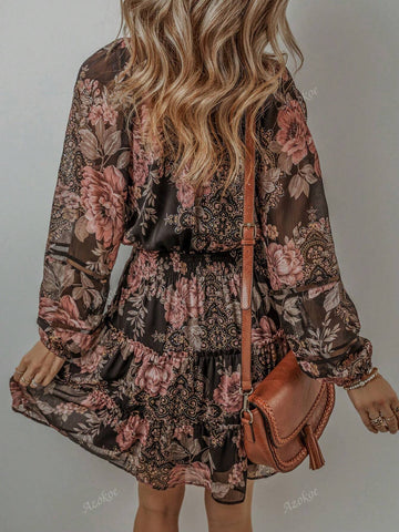Vintage Floral Print Puff Sleeve V Neck Smock Waist Boho Dress