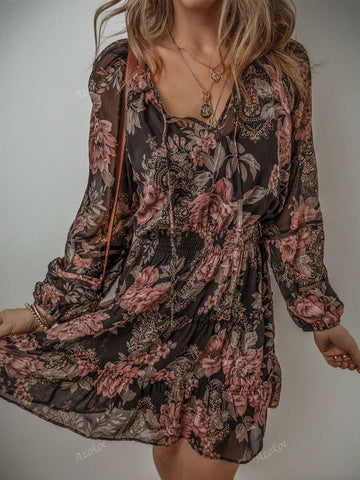 Vintage Floral Print Puff Sleeve V Neck Smock Waist Boho Dress