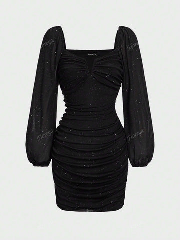 Vintage French Elegant Mesh Contrast Lantern Sleeve Ruched Bodycon Mini Dress