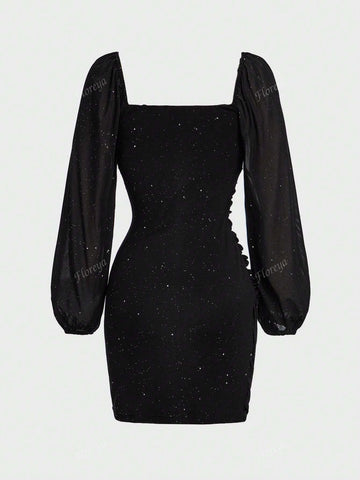 Vintage French Elegant Mesh Contrast Lantern Sleeve Ruched Bodycon Mini Dress