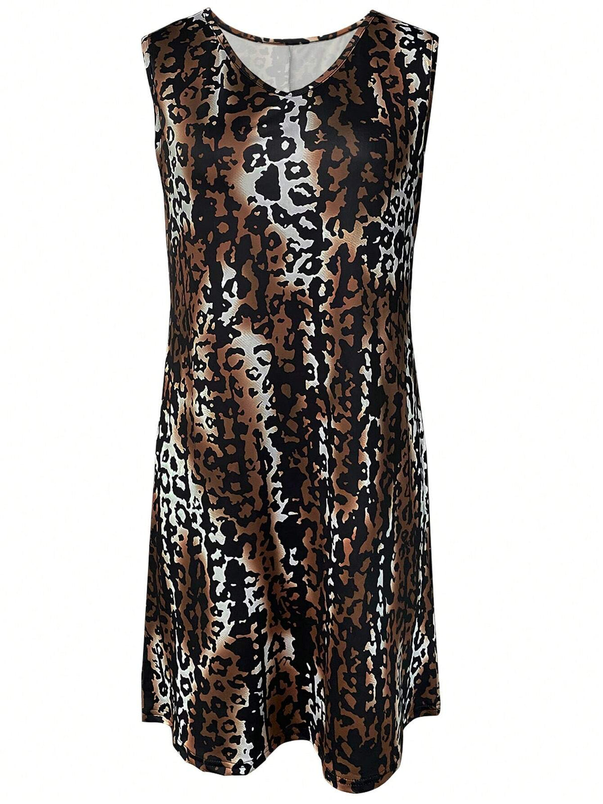 Vintage Leopard Print Sleeveless V-Neck Dress For Women, Perfect For Commuting And Going Out