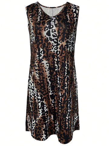 Vintage Leopard Print Sleeveless V-Neck Dress For Women, Perfect For Commuting And Going Out