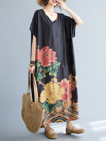 Vintage Printed Bohemian Style Casual Long Dress With Short Sleeves