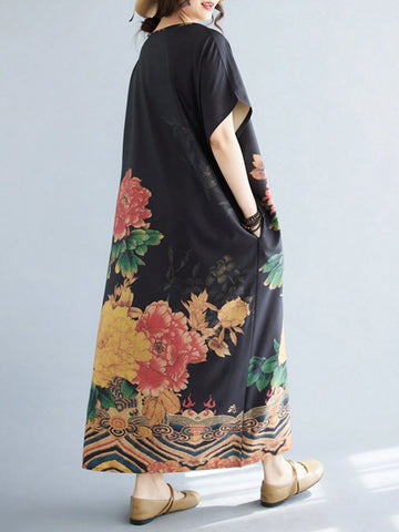 Vintage Printed Bohemian Style Casual Long Dress With Short Sleeves