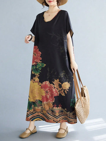 Vintage Printed Bohemian Style Casual Long Dress With Short Sleeves