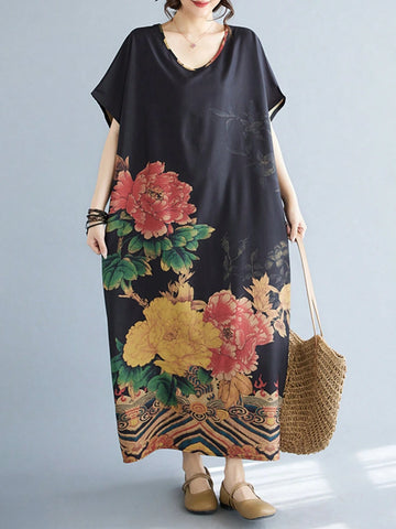 Vintage Printed Bohemian Style Casual Long Dress With Short Sleeves
