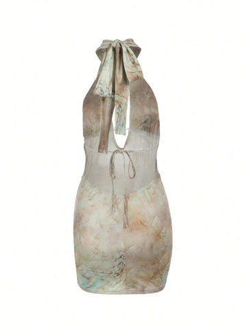 Vintage Printed Halter Neck Backless Deep V Hollow Sexy Mini Dress