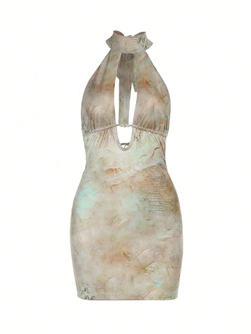 Vintage Printed Halter Neck Backless Deep V Hollow Sexy Mini Dress