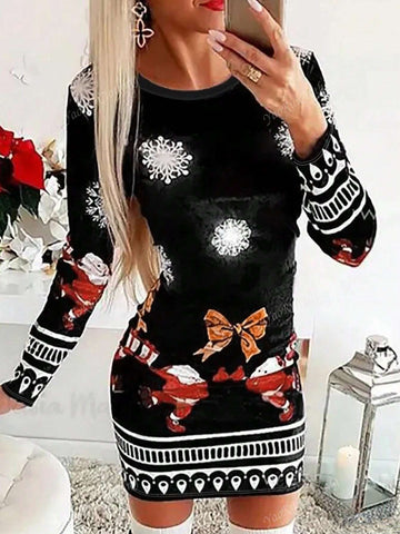 Vintage Santa Claus Graphic Fitted Slim Sheer Mini Dress, Christmas