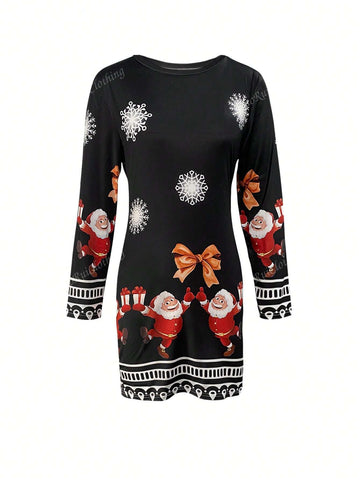 Vintage Santa Claus Graphic Fitted Slim Sheer Mini Dress, Christmas