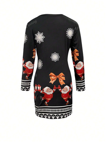 Vintage Santa Claus Graphic Fitted Slim Sheer Mini Dress, Christmas