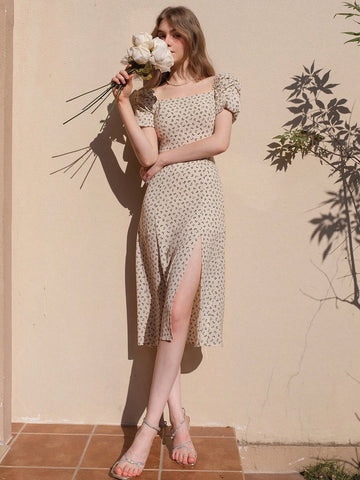 Vintage Square Neck Bubble Sleeve Slim Fit High Slit Tea Dress