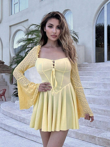 Vintage Square Neck Long Sleeve Lace Dress