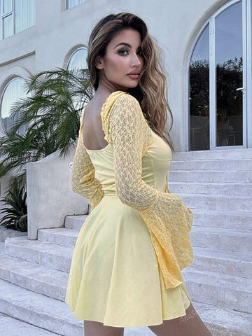 Vintage Square Neck Long Sleeve Lace Dress