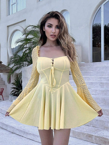 Vintage Square Neck Long Sleeve Lace Dress