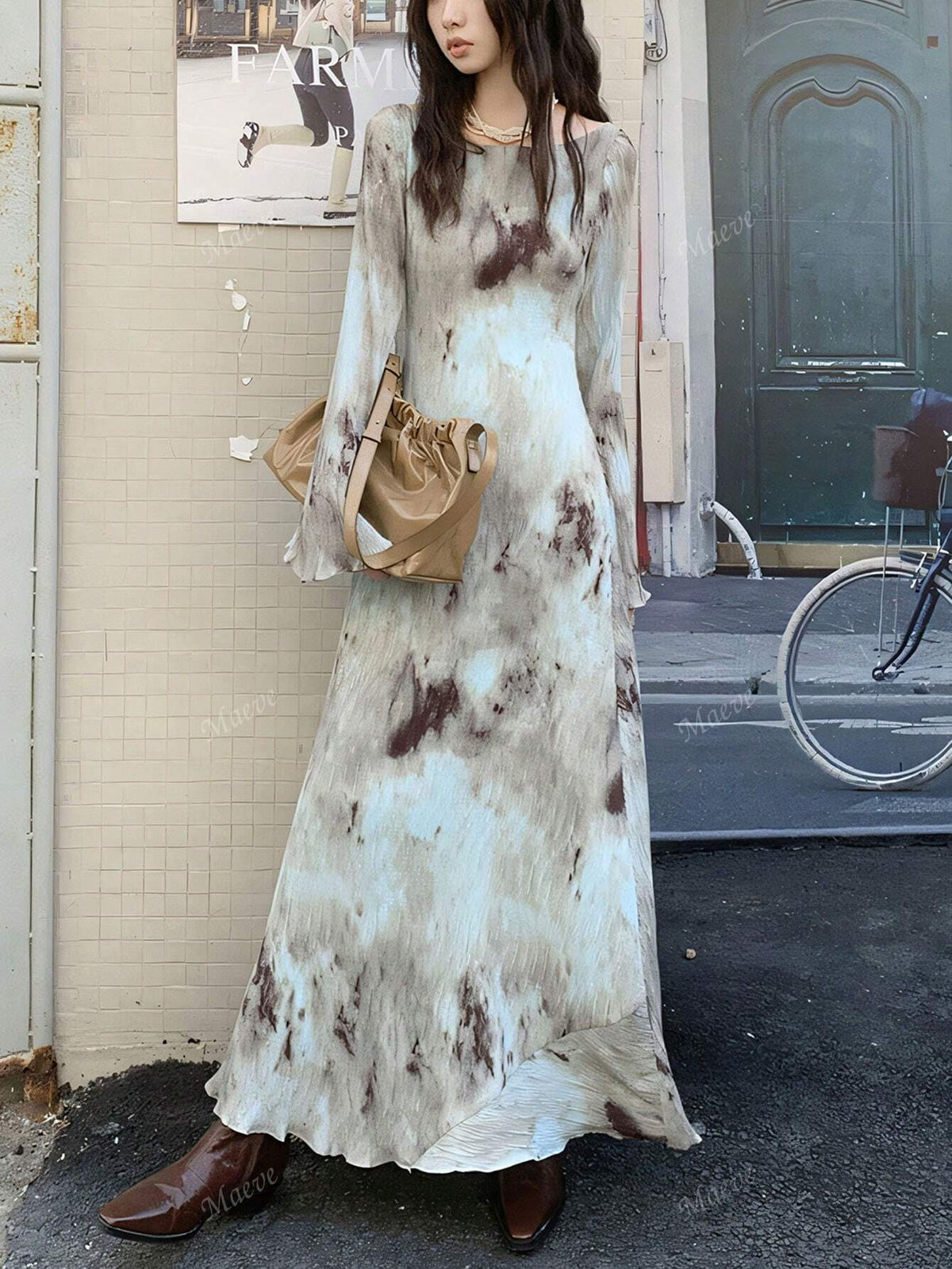 Vintage Style Textured Random Print Pleated Backless Long Sleeve Dress