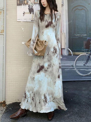 Vintage Style Textured Random Print Pleated Backless Long Sleeve Dress