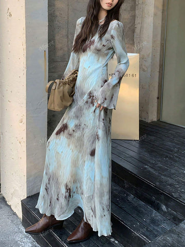 Vintage Style Textured Random Print Pleated Backless Long Sleeve Dress