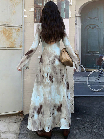 Vintage Style Textured Random Print Pleated Backless Long Sleeve Dress