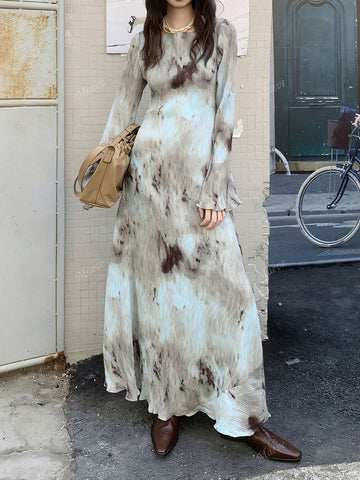 Vintage Style Textured Random Print Pleated Backless Long Sleeve Dress