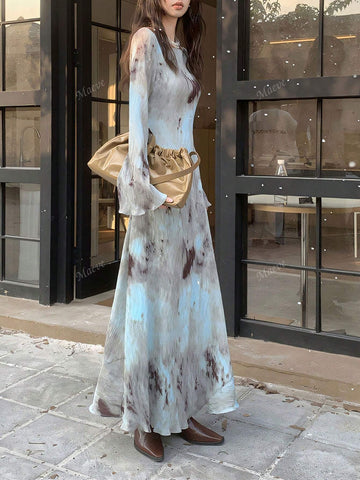 Vintage Style Textured Random Print Pleated Backless Long Sleeve Dress