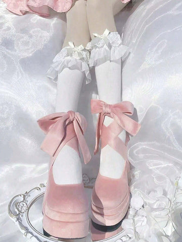 Vintage Style Thick Sole Platform Velvet Bow Mary Jane Pumps With Round Toe, French Elegant Design