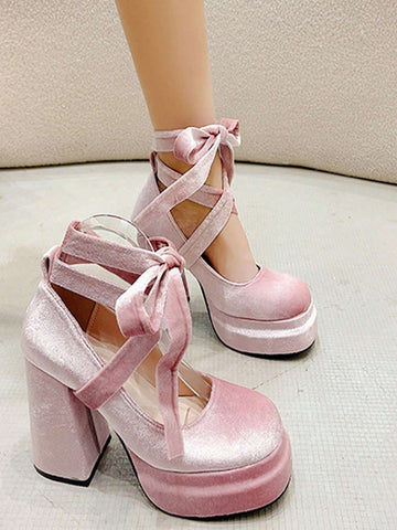 Vintage Style Thick Sole Platform Velvet Bow Mary Jane Pumps With Round Toe, French Elegant Design