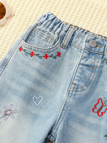 Vintage Washed Loose Straight-Leg Jeans For Girls With Lovely Heart, Flower And Butterfly Embroidery, Fraying Edges And Design Sense