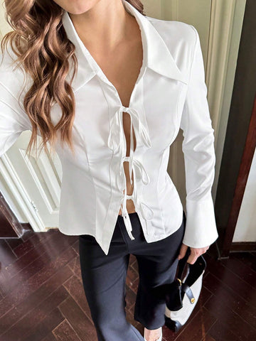 1pc Women Retro Elegant Long Sleeve White Collared Blouse, Front Tie Bow Decor Fitted Shirt,